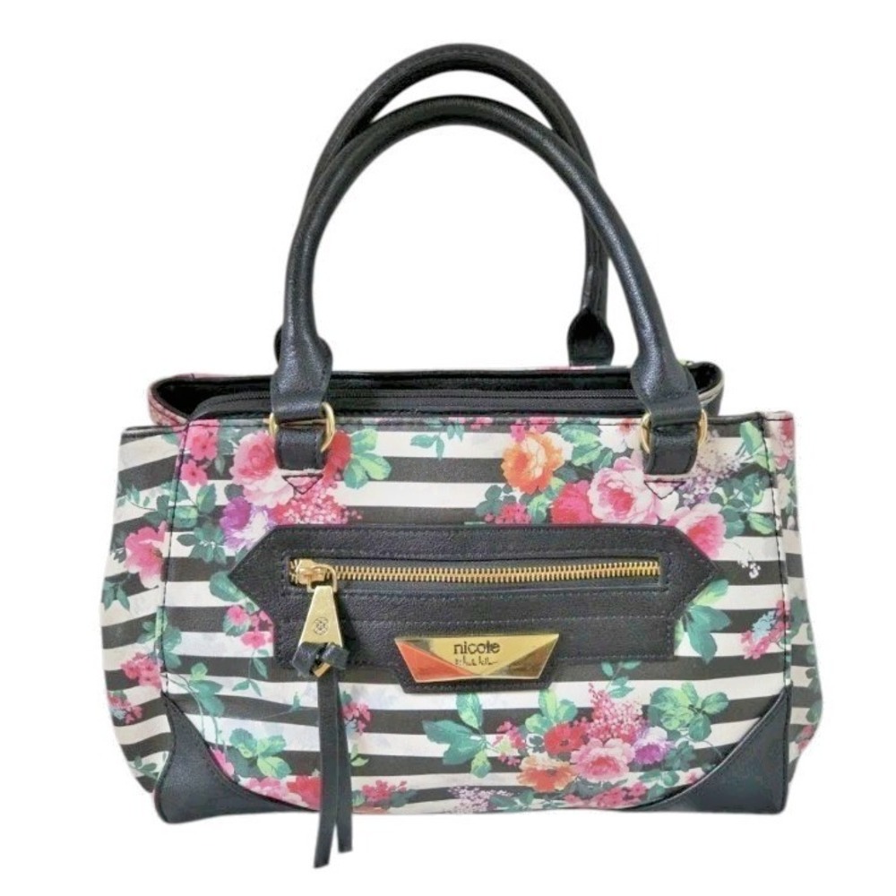 Nicole Miller Handbag Black Stripe Floral 3 Compartment Double Handles Roomy